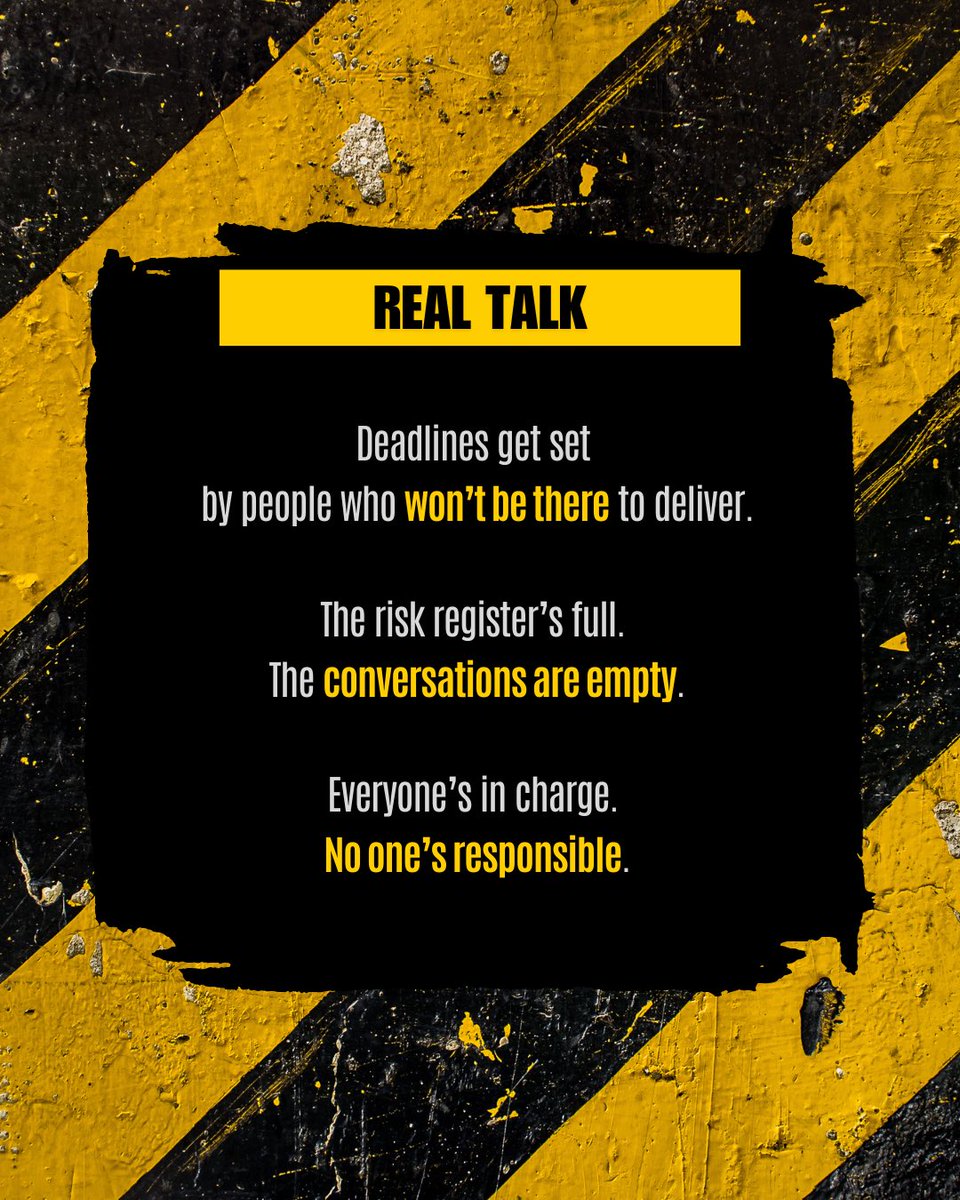PatsyStout100's tweet image. No one’s steering.
Plenty of updates. No ownership.
Plenty of meetings. No challenge.
Projects don’t fail from lack of action.
They fail from everyone assuming someone else is in charge.

#ProjectDelivery
#ConstructionLeadership