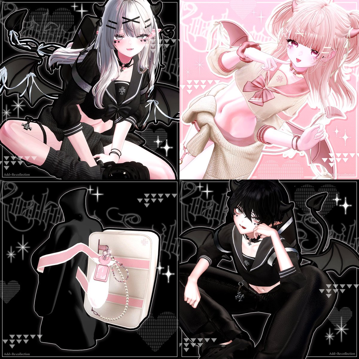 AddRecollection's tweet image. 🖤 BLACK FRIDAY 開催前おさらい
～小悪魔セーラー編～ 🖤

あどこれ初の“男女兼用”衣装
小悪魔セーラー👿

トップス＆スカートの丈は
ギャルらしい可愛さが引き立つようにデザイン✨

腰巻きカーディガンも
質感・形にこだわって統一感バッチリに仕上げました🫶…