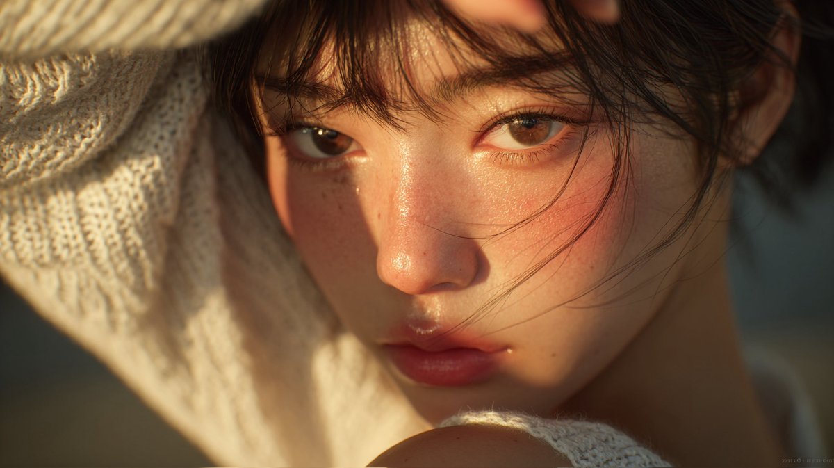 Shihhsunlin's tweet photo. **A cinematic close-up of a beautiful East Asian girl with doll-like features and porcelain skin during golden hour. She wears a white off-shoulder knit top, exposing her delicate shoulders. She shields her eyes from the sun, casting soft shadows https://t.co/iCRLPGMpFr
