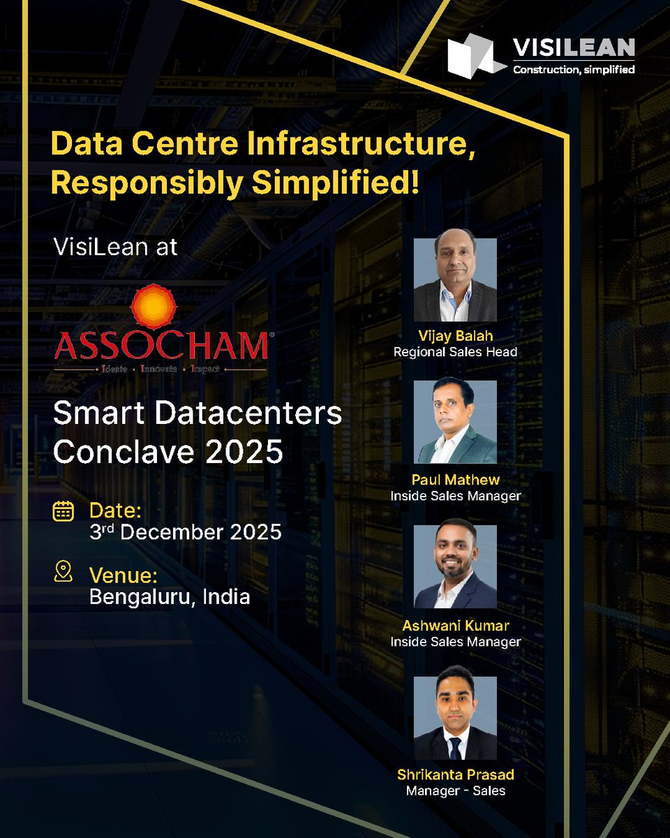 Visi_Lean's tweet image. We’re excited to be part of the 8th ASSOCHAM Smart Data Centres &amp;amp; Cloud Infrastructure Conclave 2025 in Bengaluru. Let&apos;s connect and have meaningful discussions and new collaborations. #DataCentreConstruction #CloudInfrastructure #ASSOCHAM #VisiLean