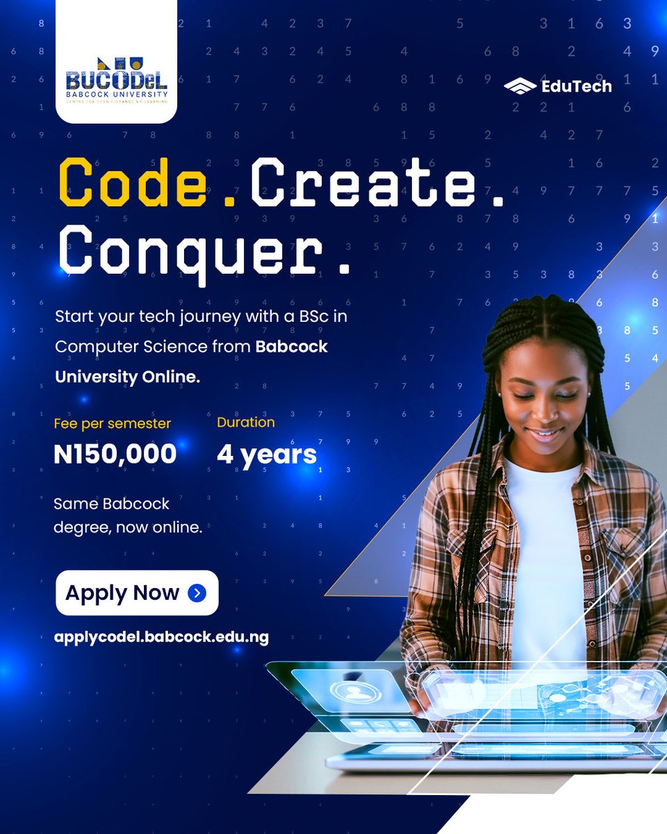 edutechbusiness's tweet image. Learn to code, build apps, analyze systems, and create real-world tech solutions,all through a flexible online learning experience built around you.

The future is digital. Your journey starts here.
 Apply now → applycodel.babcock.edu.ng

#BabcockOnline #ComputerScience #Tech