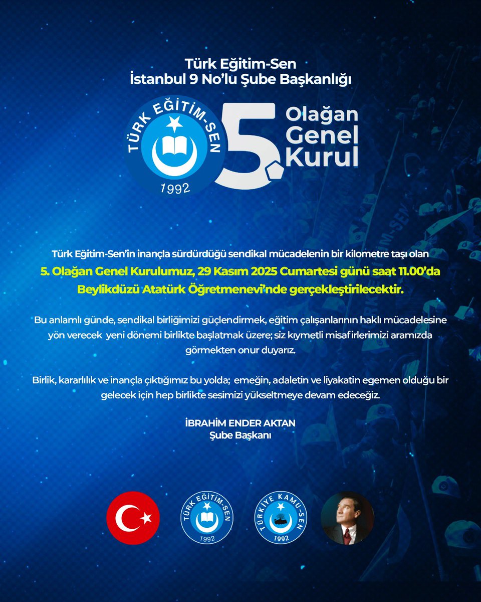 Birlik ve kararlılıkla yürüdüğümüz sendikal mücadelemizde, yeni dönemin yol haritasını belirleyeceğimiz 5. Olağan Kongremiz,
📅 29 Kasım 2025 Cumartesi
🕚 Saat 11.00
📍 Beylikdüzü Atatürk Öğretmenevi

Tüm yol arkadaşlarımızı davet ediyoruz
<a href="/TalipGeylan06/">Talip Geylan</a> <a href="/tesistanbul9/">Türk Eğitim Sen İSTANBUL~9</a>