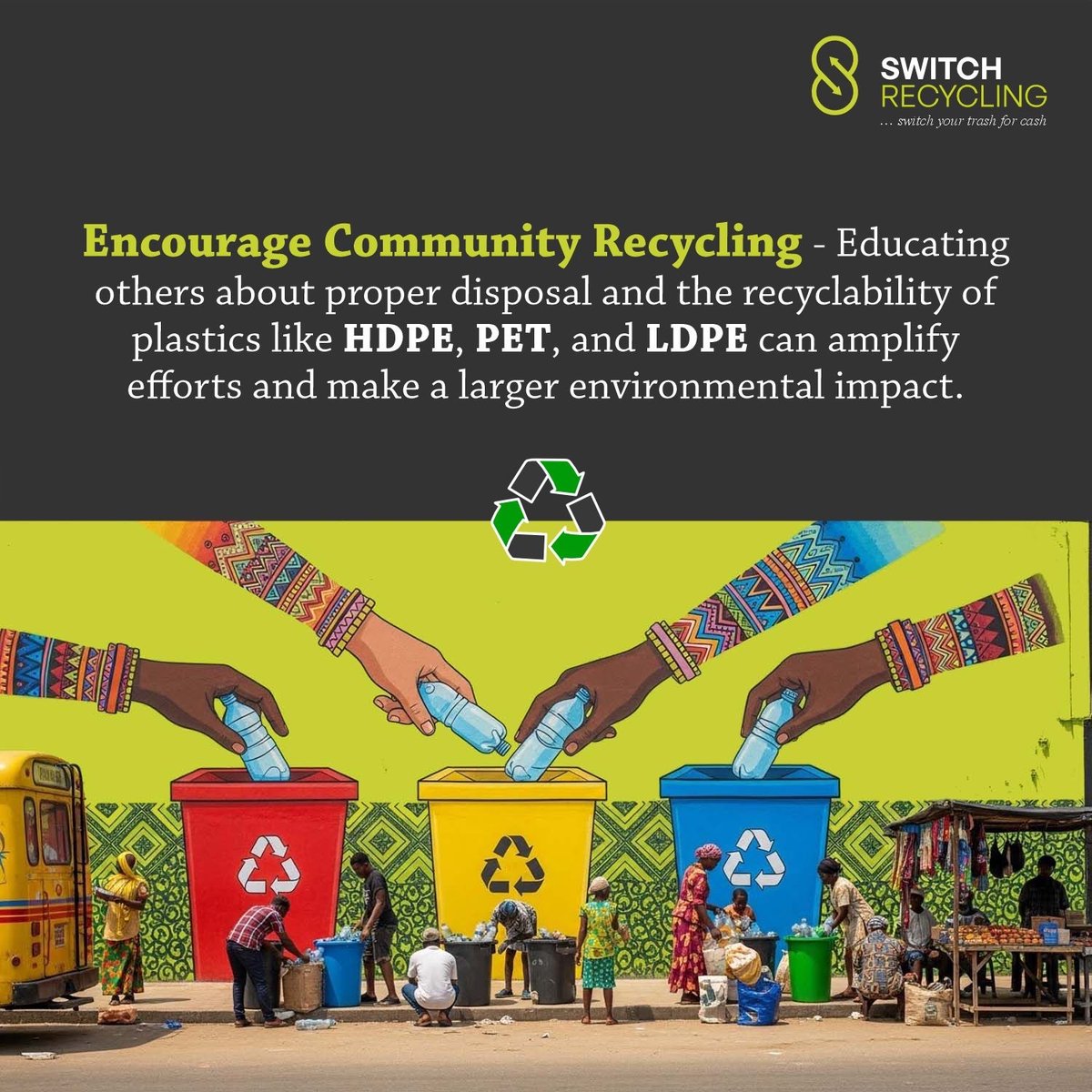 switchrecycling's tweet photo. Recycling becomes truly effective when communities do it together. 

Our goal is to have a recycling agent on every street, and you can be part of that change by registering as an agent on the Switch app and supporting your community. https://t.co/gCRvGC49lQ
