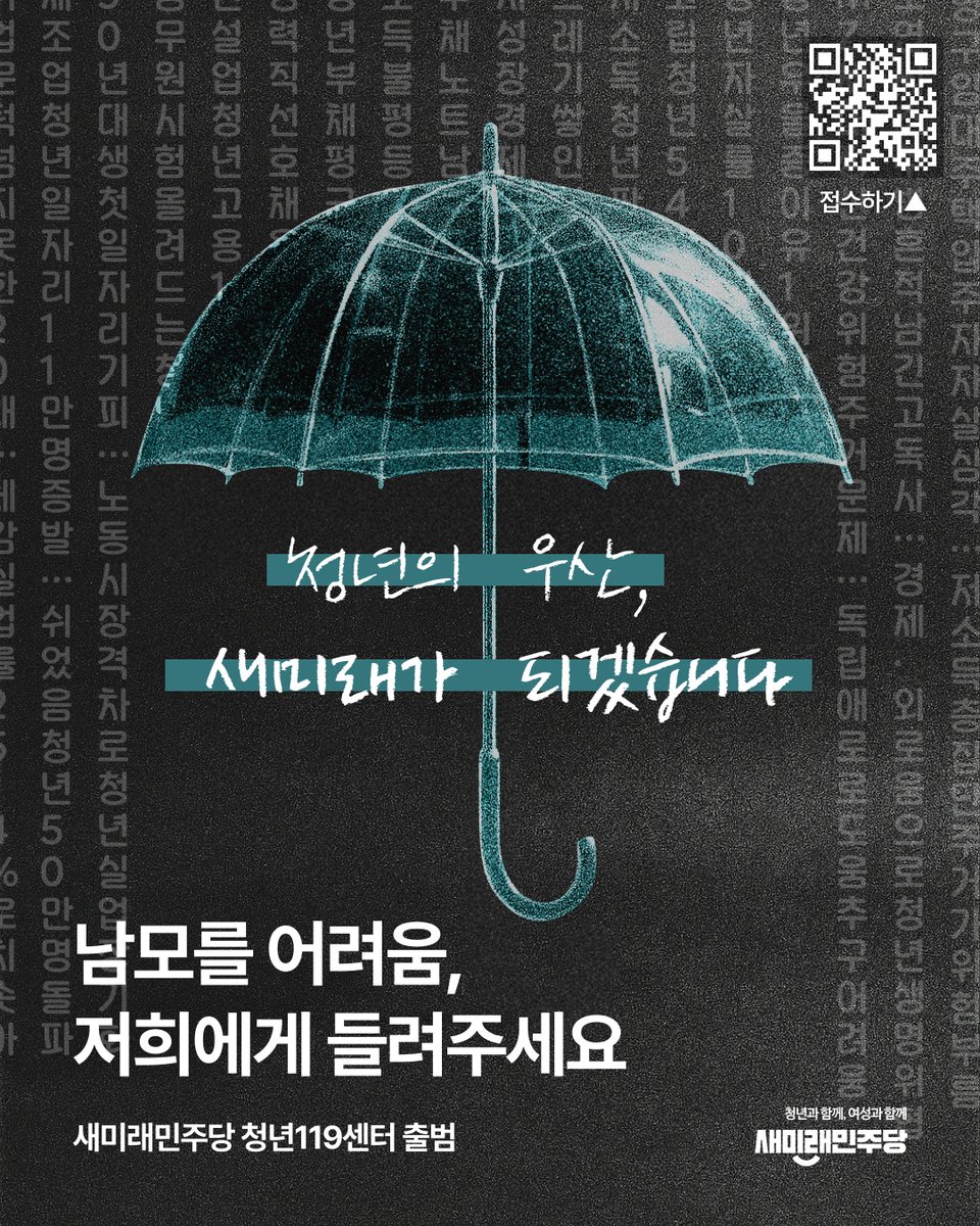 <청년119센터 청년 고충 접수 안내>

노동·주거·학자금·채무·심리·생활안전·차별·폭력 등 더 이상 혼자 견디지 마세요!

청년의 다양한 고충을 접수해 전문가와 관련 기관 연계하는 ‘새미래민주당 청년119센터’가 여러분의 곁으로 찾아갑니다.

청년 여러분의 말하기 어려운 고민, 청년119센터에