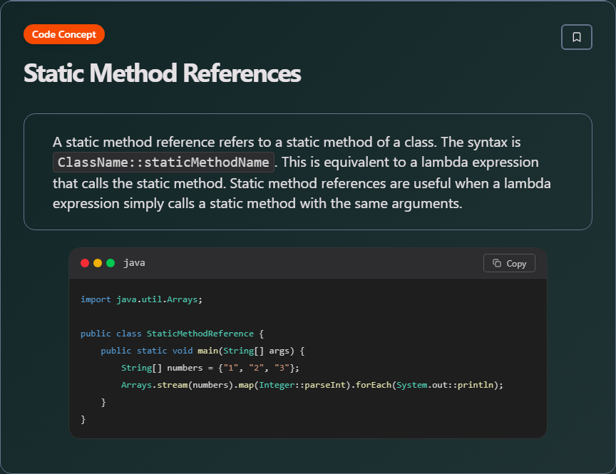 techielearns's tweet image. ✨ Static Method References (Java)

#Java #JavaDev #OOP #Backend #100DaysOfCode #DevLife
