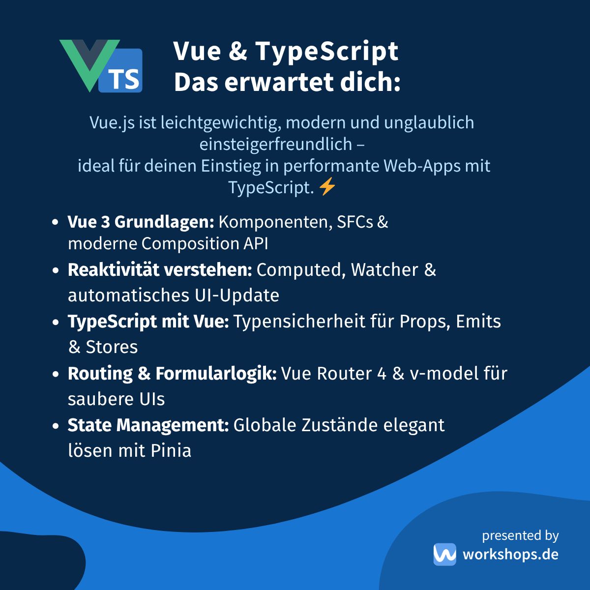workshops_de's tweet image. 💚 Vue.js 3 &amp;amp; TypeScript – moderner, leichter Einstieg in Web-Apps!
Lerne Komponenten, Reaktivität, Routing &amp;amp; Pinia 🚀

👉 Alle Infos auf workshops.de/seminare-schul…

#Vue #TypeScript #Frontend #Coding #WorkshopsDE