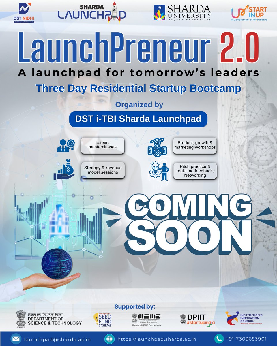 ShardaLaunchpad's tweet image. LaunchPreneur 2.0 is coming soon
Three Day Residential Startup Bootcamp by DST i-TBI Sharda Launchpad, designed to empower innovators with masterclasses, strategy sessions, growth workshops, pitch practice, and real-time feedback.
#LaunchPreneur #LaunchPreneur2 #ShardaLaunchpad