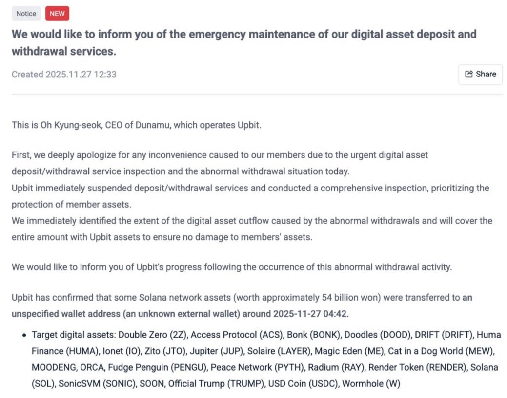 Upbit (<a href="/Official_Upbit/">Upbit Korea</a>) has been hacked — 54B KRW (~$36.8M) in Solana assets drained to unknown wallets.

This isn’t just another headline. It’s a reminder of the single biggest weakness still holding crypto back:  👉 There is no native, reliable system for asset recovery.