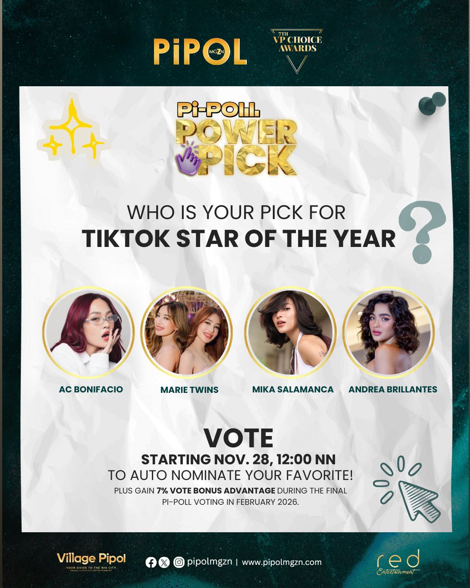 vpchoiceawards's tweet image. The #7thVPChoiceAwards Pi-PoLL Power Pick for “Rising P-Pop Group of the Year” are:

✨ #ACBonifacio
✨ #MarieTwins
✨ #MikaSalamanca
✨ #AndreaBrillantes

PIPOL, the power is in your hands for our last batch of Power Picks!

Auto-nominate your favorite star and help them secure…