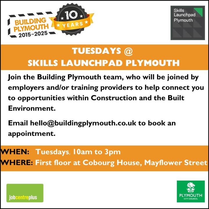 Interested in the construction industry? Join Building Plymouth to discuss opportunities with local employers and training providers. 

📆Tuesdays
📍First Floor, Cobourg House
🕔10am to 3pm
Email: hello@buildingplymouth.co.uk to book an appointment.
<a href="/buildplymouth/">Building Plymouth</a>