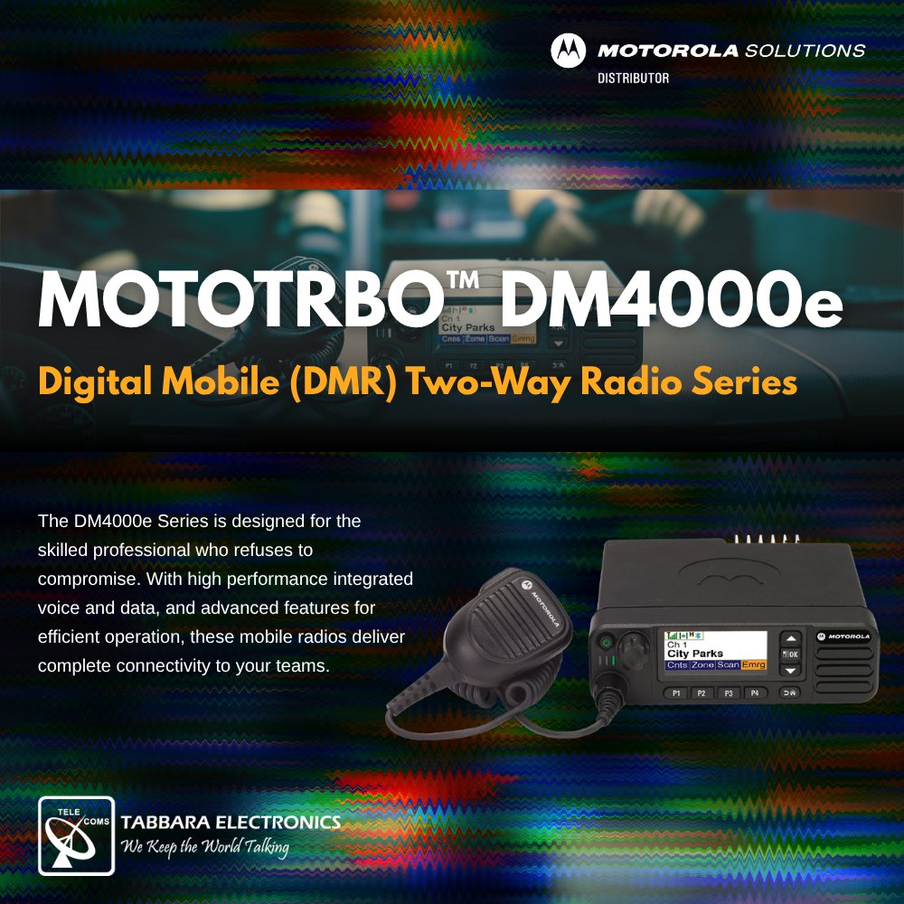 tabbarallc's tweet image. In public service, every second matters. The MOTOTRBO™ DM4000e Digital Mobile Radio ensures your team stays connected with crystal-clear audio.

#TabbaraElectronics #MotorolaSolutions #uae #dubai #abudhabi #MOTOTRBO #PolicePatrol #PublicSafety 
#ملتزمون_ياوطن
#نتصدر_المشهد