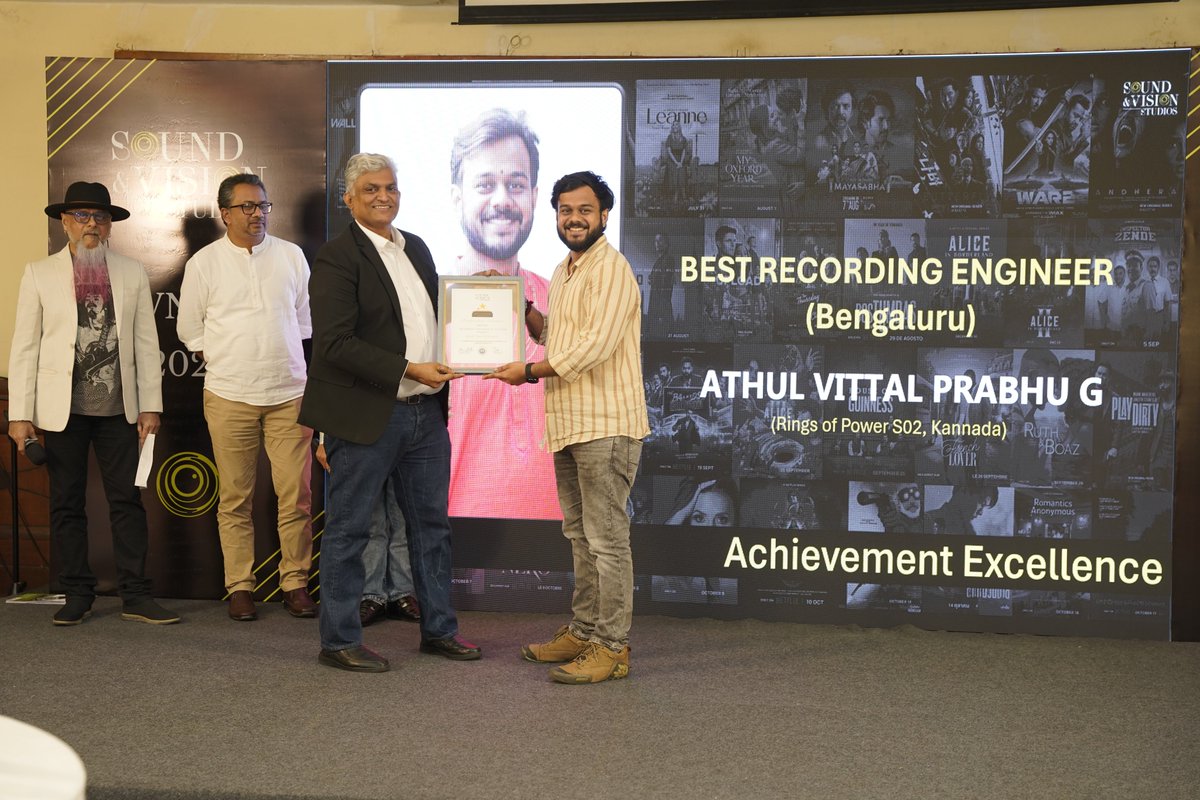 soundnvisionsts's tweet image. Congratulations, Athul Vittal Prabhu G (Bengaluru) for winning the Best Recording Engineer Award! Your craft turns every note into pure perfection.

#SoundEngineering #AwardWinner #RecordingEngineer #SVSAwards #SVSPerformanceAward #Congratulations #SoundAndVisionStudios