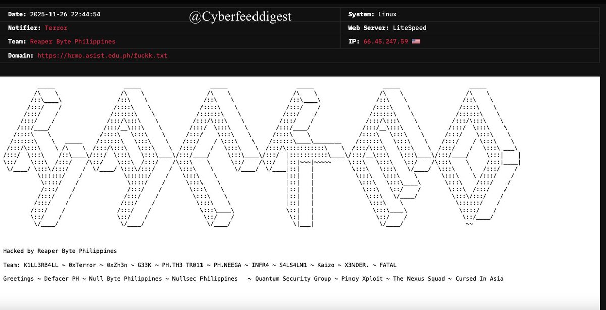 cyberfeeddigest's tweet image. “An Educational website of #Philippines reportedly #Hacked by
Notifier: Terror
Team: Reaper Byte Philippines
Domain (defanged): hxxps://hrmo.asist[.]edu[.]ph/fuckk[.]txt”

#Hack #Defacement #Philippines