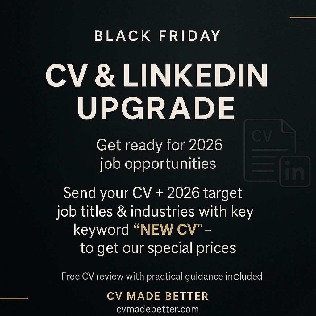 cvmadebetter's tweet image. Using Black Friday to help people upgrade their 𝐂𝐕 &amp;amp; 𝐨𝐩𝐭𝐢𝐦𝐢𝐬𝐞 𝐭𝐡𝐞𝐢𝐫 𝐋𝐢𝐧𝐤𝐞𝐝𝐈𝐧 𝐟𝐨𝐫 𝟐𝟎𝟐𝟔

For Black Friday details + support, send
📎 your CV
🧭 target job titles/industries
📝 word “NEW CV”

Includes a free CV review.
#BlackFriday #CVWriting #JobSearch