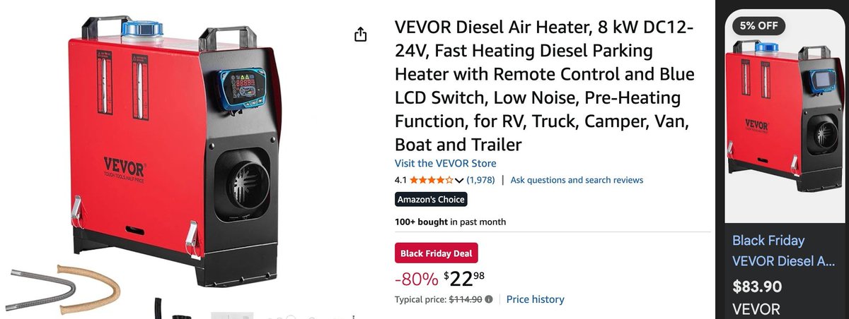 Pricerrors's tweet image. Possible Price Error on Diesel Air Heater

$22.98 at checkout (Orig. $114.90)

Currently $83 on Vevor&apos;s Website 

amzn.to/43VJlEJ