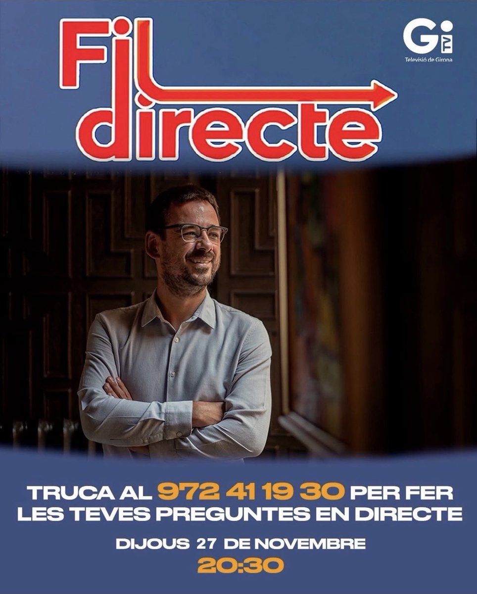 📺 Avui, Fil Directe amb l’alcalde a <a href="/tvgironahd/">Televisió de Girona HD</a> 

⏰ Ampliem mitja hora: de 20:30 h a 21:30 h

📞✨ Novetat! També podeu fer trucades en directe al 972 41 19 30

📱 Envia les teves preguntes per missatge al 669 51 10 12

Un espai per escoltar, respondre i compartir la Girona que