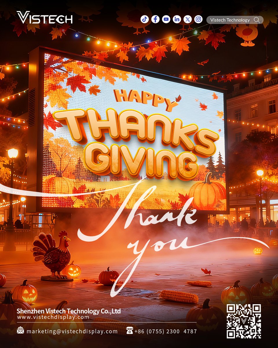Vistech_Tech's tweet image. ✨Happy Thanksgiving Day!✨
We want to express our heartfelt gratitude to every customer and partner who has supported and followed us throughout the year.❤️
Let’s continue lighting up the world together!🌟
#Thanksgiving #LEDDisplay #VistechTechnology #ThankYou