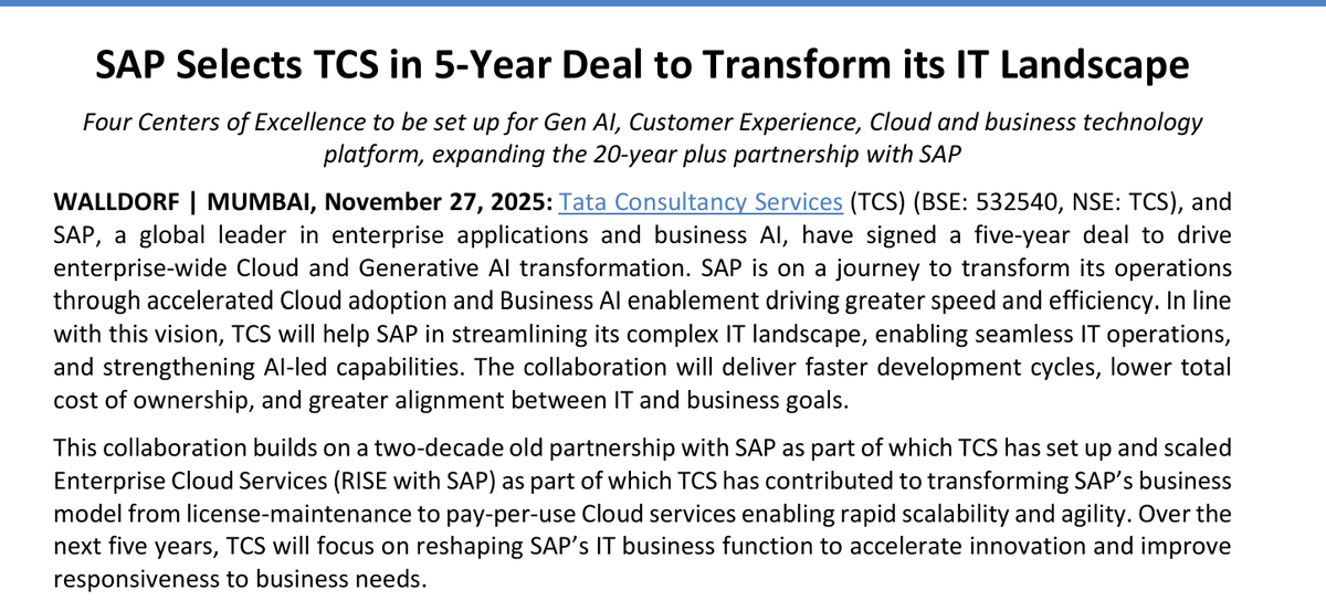 sai_ishwarb's tweet image. JUST IN🚨: #TCS extends p&apos;ship with German tech giant #SAP. Four centers of excellence to be set up for #GenAI, customer experience, #cloud and biz tech platform as part of 5-year transformation deal. #tech #IT