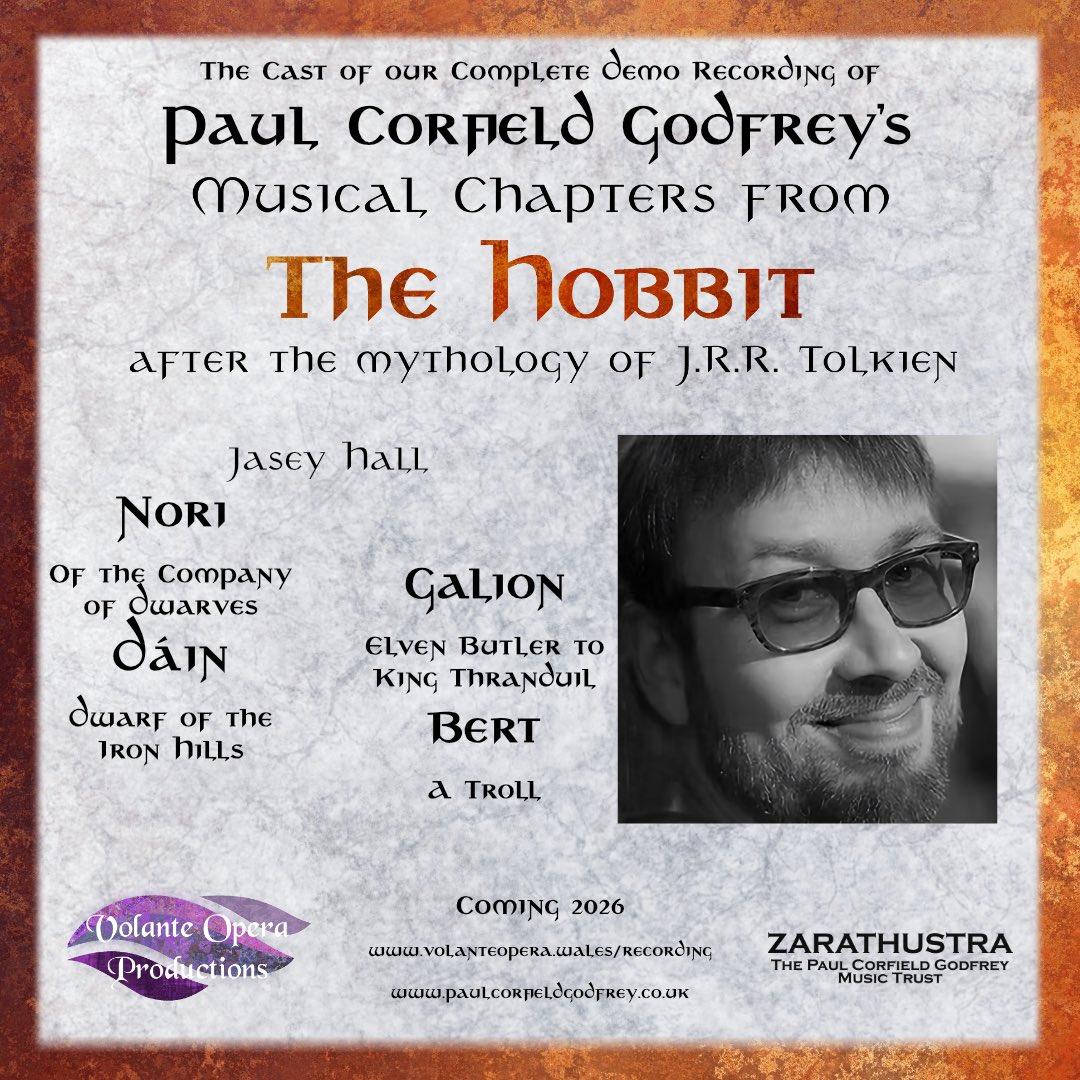 OperaVolante's tweet image. We're proud to announce our cast for our complete #DemoRecording of Paul Corfield Godfrey's #TheHobbit after the mythology of #Tolkien

Jasey Hall will be performing the roles of Nori, Galion, Bert and returning as Dain.

Coming 2026
volanteopera.wales
 #hobbit #middleearth