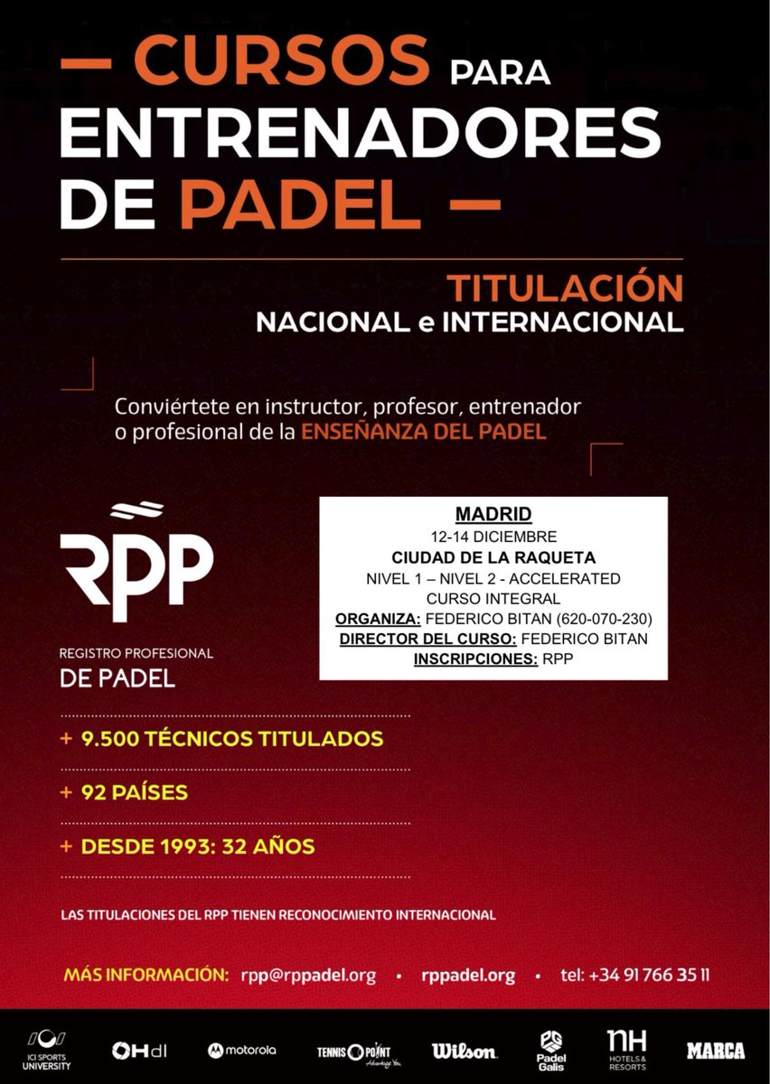 DICIEMBRE - MADRID - CURSOS para ENTRENADORES <a href="/rppadel/">rppadel</a> con titulación nacional e internacional en:

➕ 12/14 de DICIEMBRE 🟰 MADRID
🟢 Ciudad de la Raqueta  
Dirigido por Federico Bitan <a href="/FICOmpeticion/">Federico Bitán</a> 

👀 RPPadel.org

mailchi.mp/rppadel.org/cu…