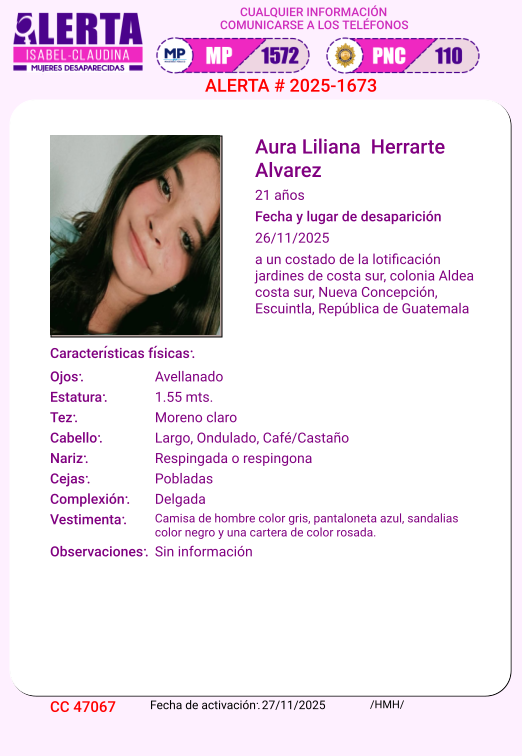 isabel_claudina's tweet photo. #AlertaIsabelClaudina
📷 Ayúdenos a encontrar a
Aura Liliana Herrarte Alvarez
Cualquier información comunicarse al teléfono  📷 1572
Gracias por difundir esta información📷 https://t.co/IsYtGJG1JU