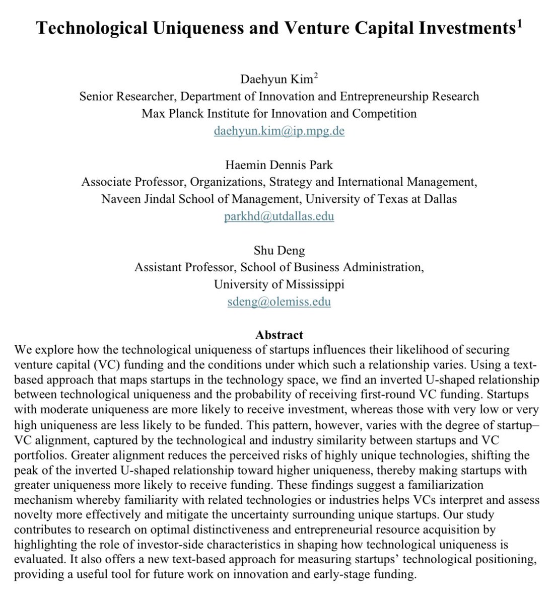 credistick's tweet image. There is an inverted U-shaped relationship between the technological uniqueness of a startup and the probability of VC funding.

i.e. generic and “highly unique” ideas are the least likely to secure investment, while “moderately unique” ideas are most likely.

This is mediated…