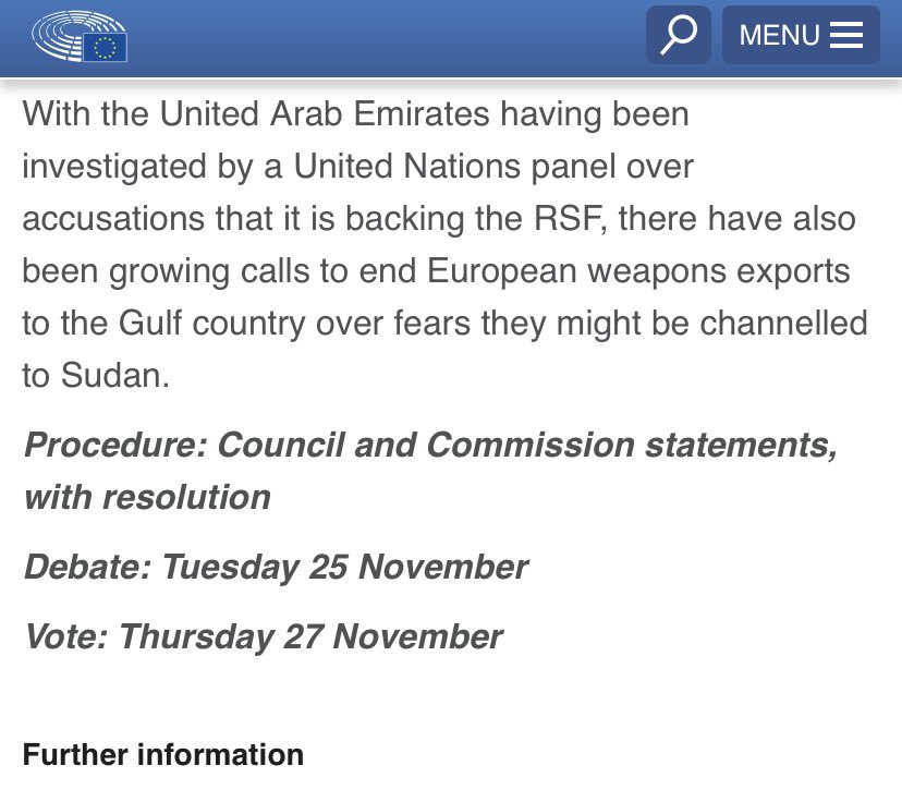 الموقع الرسمي للبرلمان الأوروبي :

" مع خضوع دولة #الإمارات العربية المتحدة #للتحقيق من قبل لجنة تابعة للأمم المتحدة بسبب اتهامات بدعمها لقوات الدعم السريع، هناك أيضًا دعوات متزايدة لوقف صادرات الأسلحة الأوروبية إلى الدولة الخليجية خوفًا من إعادة توجيهها إلى #السودان "

تصاعد