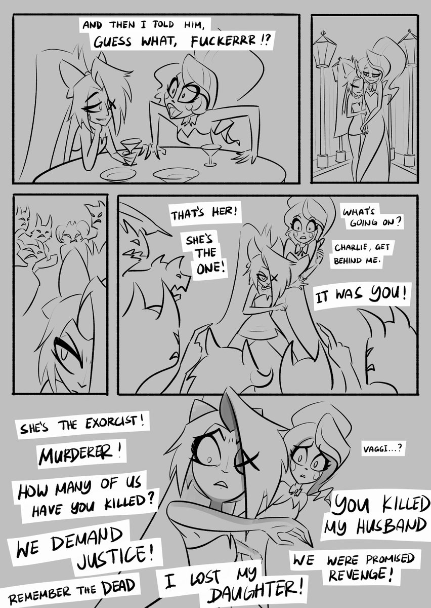 54R13L's tweet image. (WIP) not sure what to call this comic yet. I wanted to explore what would happen when Vaggi&apos;s identity as a former exorcist becomes common knowledge. I will finish coloring this page and then upload new pages as they are completed.