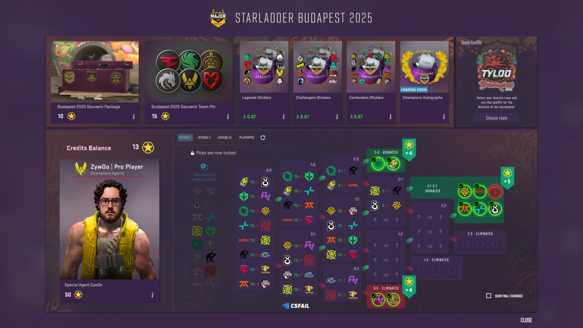 csfail2020's tweet image. WE COULD HAVE THIS!

Imagine if the Pick’Em was combined with the new Armory — we could’ve had:
• Team pins
• Agents based on pro players (like @zywoo)
• Maybe even gloves with team logos? 👀

But for now… it’s just a concept.