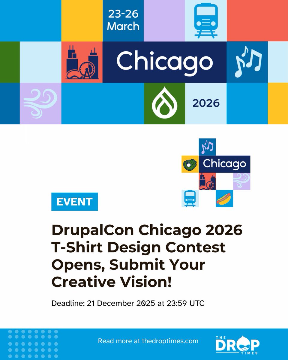thedroptimes's tweet image. 🎨 Calling all creators!

Design the official @DrupalCon  Chicago 2026 T-shirt!
🗓️ Submit by Dec 21
🎁 Win a free ticket + print glory

🔗 bit.ly/48jZ15N 

#Drupal #DesignChallenge #DrupalCommunity #TshirtDesign
