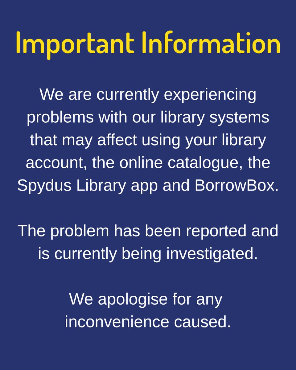 hantslibraries's tweet image. We are currently experiencing problems with our library systems that may affect using your library account, the online catalogue, the Spydus Library app and BorrowBox.

The problem has been reported and is currently being investigated.

We apologise for any inconvenience caused.