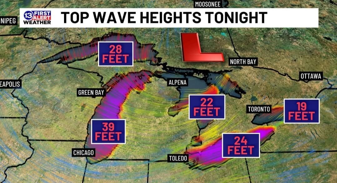 edawson78's tweet image. My home state of Michigan is experiencing record breaking waves in every single lake at the same time. I&apos;m sure that is totally normal for an inland lake to have 39 foot waves when the average wave height us 1 to 3 feet.
