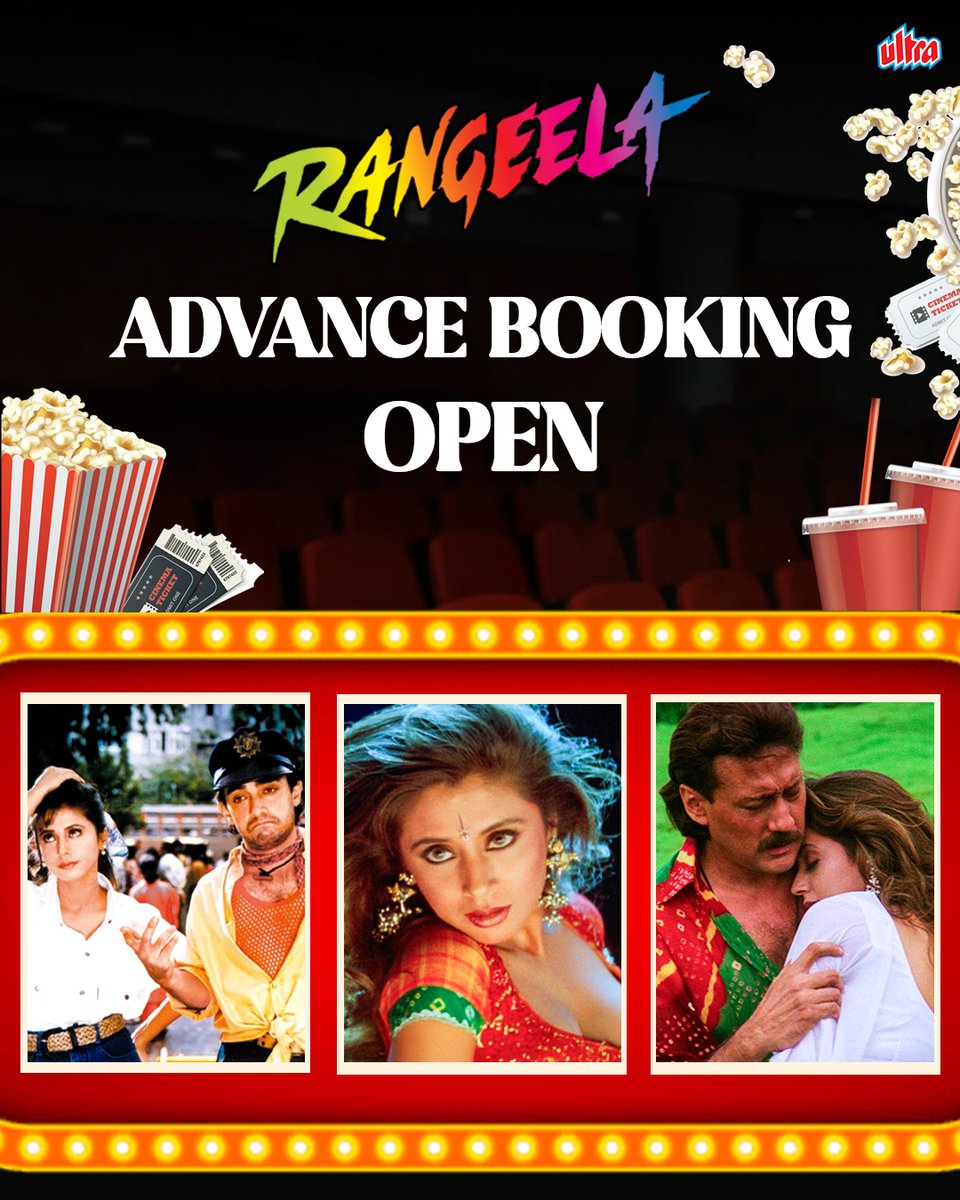 It’s finally happening! Tickets for Rangeela are LIVE - lock your seats NOW. ⏳🌟

#Rangeela #30YearsofRangeela #RangeelainCinemasAgain #Rangeelaon28thNov #UltraRewind

<a href="/AKPPL_Official/">Aamir Khan Productions</a> <a href="/UrmilaMatondkar/">Urmila Matondkar</a> <a href="/bindasbhidu/">Jackie Shroff</a> <a href="/arrahman/">A.R.Rahman</a> <a href="/RGVzoomin/">Ram Gopal Varma</a>