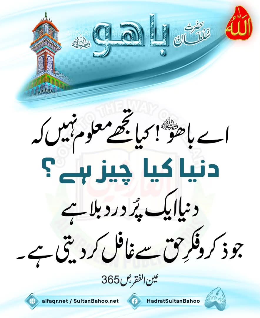دنیا ایک راہزن ہے
جو کبھی مکمل نہیں ہو سکتی
اس میں سوائے درد اور تکلیف کے کچھ نہیں
#SultanBahoo
#SultanulArifeen