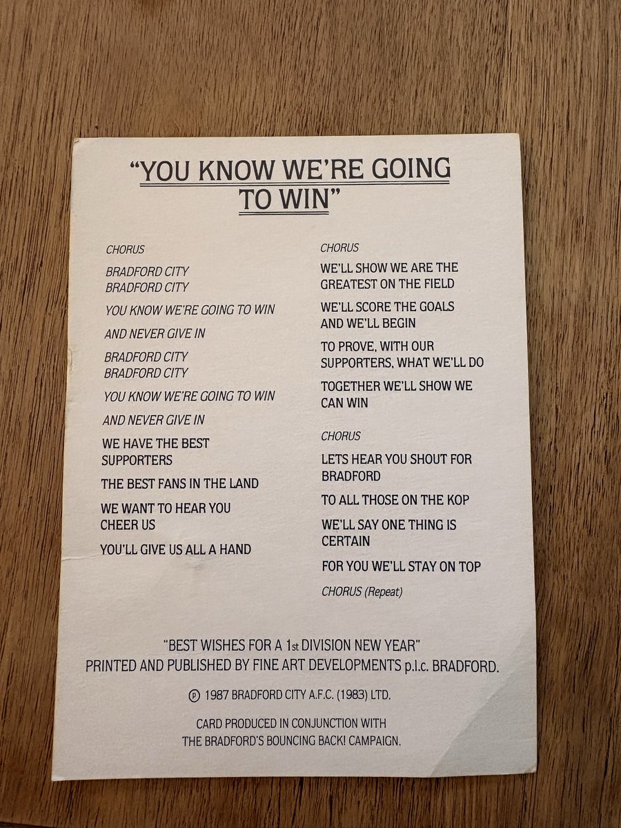 RichSlats's tweet image. Found an old Christmas card in the loft with the words to the classic “you know we’re going to win” on the back @officialbantams #bcafc