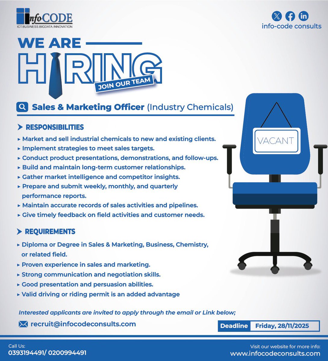 ConsultsCode's tweet image. 🚨 We’re Hiring: Sales &amp;amp; Marketing Officer – Industrial Chemicals!

Looking for a driven sales professional to promote and grow our industrial chemicals.

📍 6th Street Industrial Area
📩 Apply now – females encouraged!

#JobsUganda #Hiring #SalesJobs #IndustrialChemicals