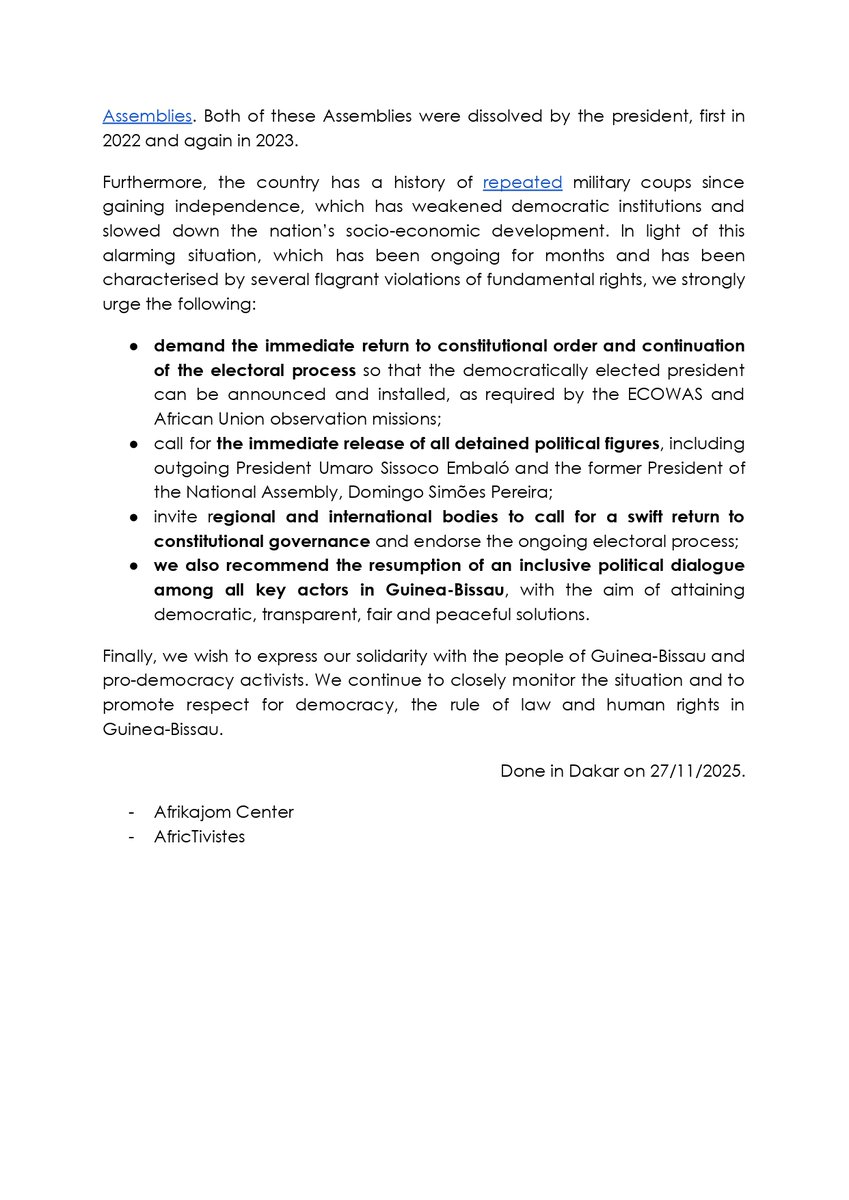 #GuineaBissau🇬🇼 — We strongly condemn the military coup and call for an immediate return to constitutional order📜, the resumption of the electoral process🗳️, and a vigorous mobilisation of regional organisations🌍.  

We also demand the full restoration of internet access, an