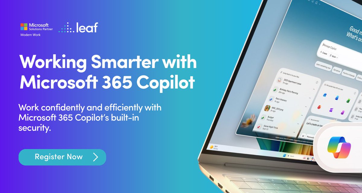 AI should make work easier, not riskier.

Discover how Microsoft 365 Copilot keeps workflows secure in our free 45-min webinar with Modern Work Champion Matthew Simpson.

Register now: f.mtr.cool/hrrxkspycf

#Microsoft365Copilot #LeafIT