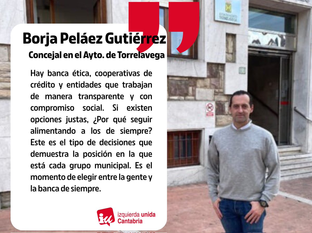 🤝Planteamos que Torrelavega priorice la banca ética y cooperativa para la operativa financiera cotidiana del Ayuntamiento.

🏦Moción de nuestro concejal, Borja Peláez. 
iucantabria.org/iu-podemos-pro…