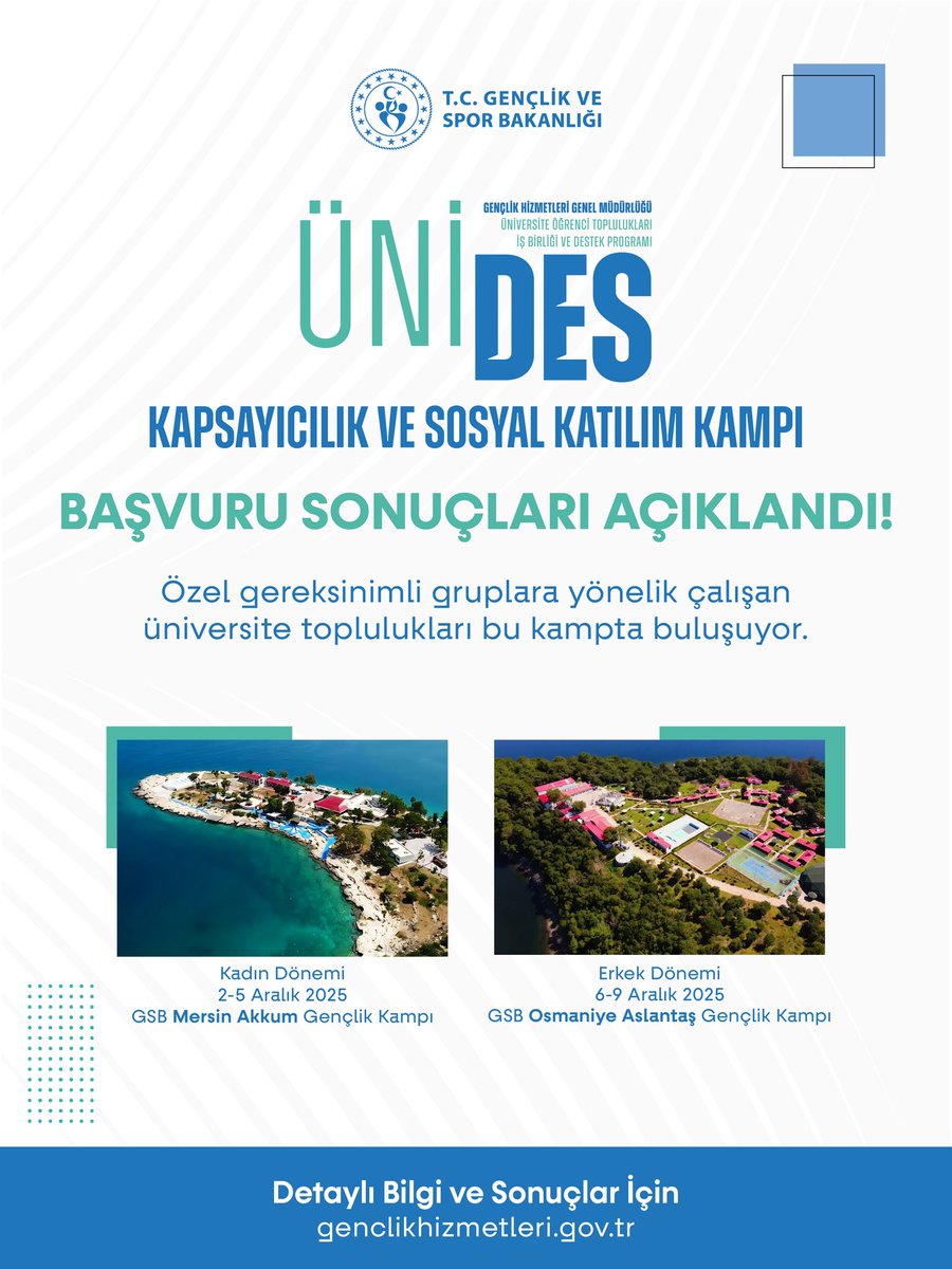 ÜNİDES Kapsayıcılık ve Sosyal Katılım Kampı başvuru sonuçları açıklandı! ✨

Detaylar👇🏻

🔗genclikhizmetleri.gov.tr adresinde!

#ÜNİDES #GSB