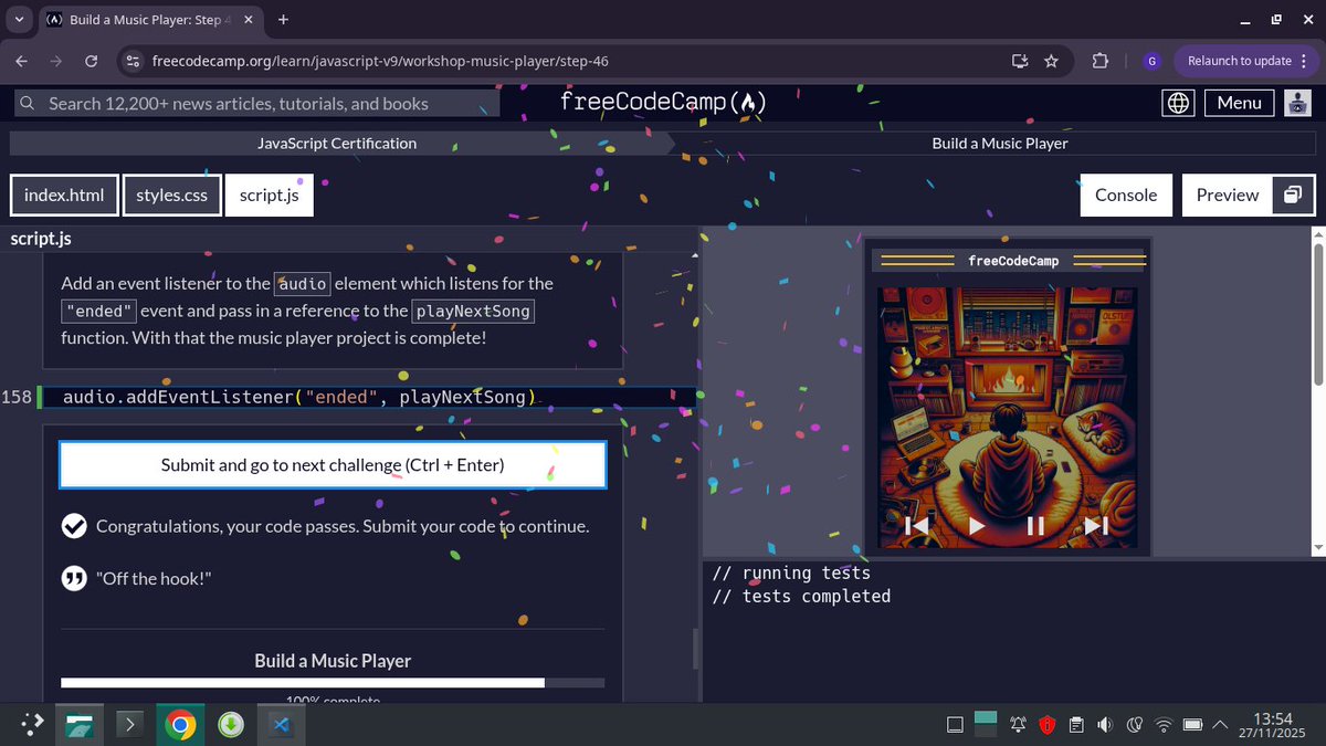 Ujahgrace17's tweet image. This script creates a fully functional custom music player, with: Play  Pause Next  Previous Auto-play next
Playlist clicking Highlighting current song Showing current song info Basically everything a small audio player needs #freecodecamp
 freecodecamp.org/learn/javascri…