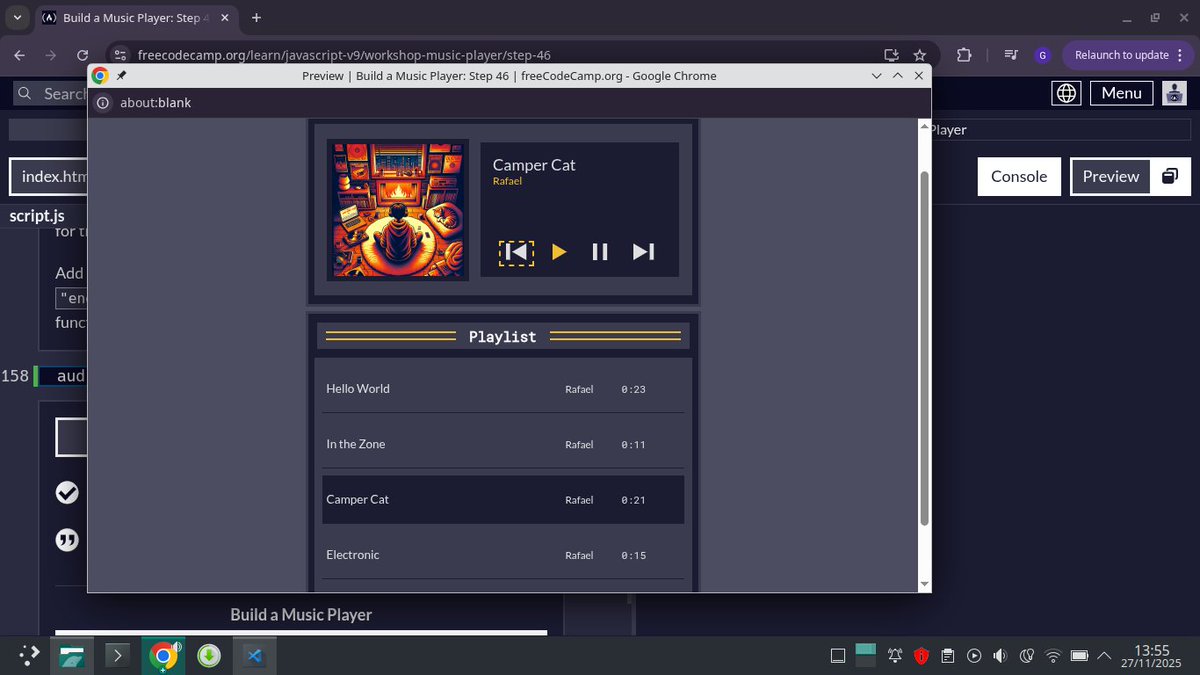 Ujahgrace17's tweet image. This script creates a fully functional custom music player, with: Play  Pause Next  Previous Auto-play next
Playlist clicking Highlighting current song Showing current song info Basically everything a small audio player needs #freecodecamp
 freecodecamp.org/learn/javascri…