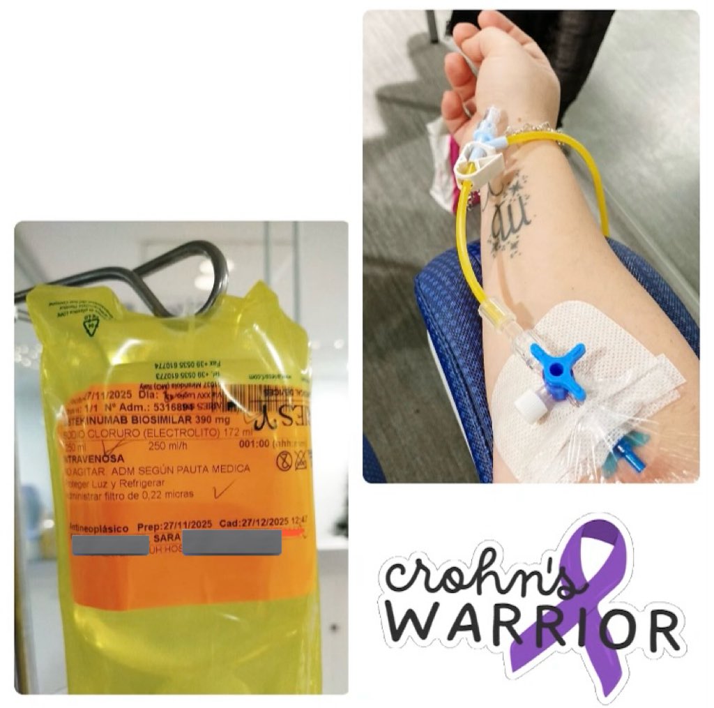 Sara_PJr's tweet photo. Después de la mala experiencia con #adalimumab, hoy empezamos el cambio de  tratamiento a #ustekinumab. Ojalá esta sea la buena y definitiva 🙏🏻 Seguiremos informando #Crohn #Biologicos https://t.co/88gXXEdsg4
