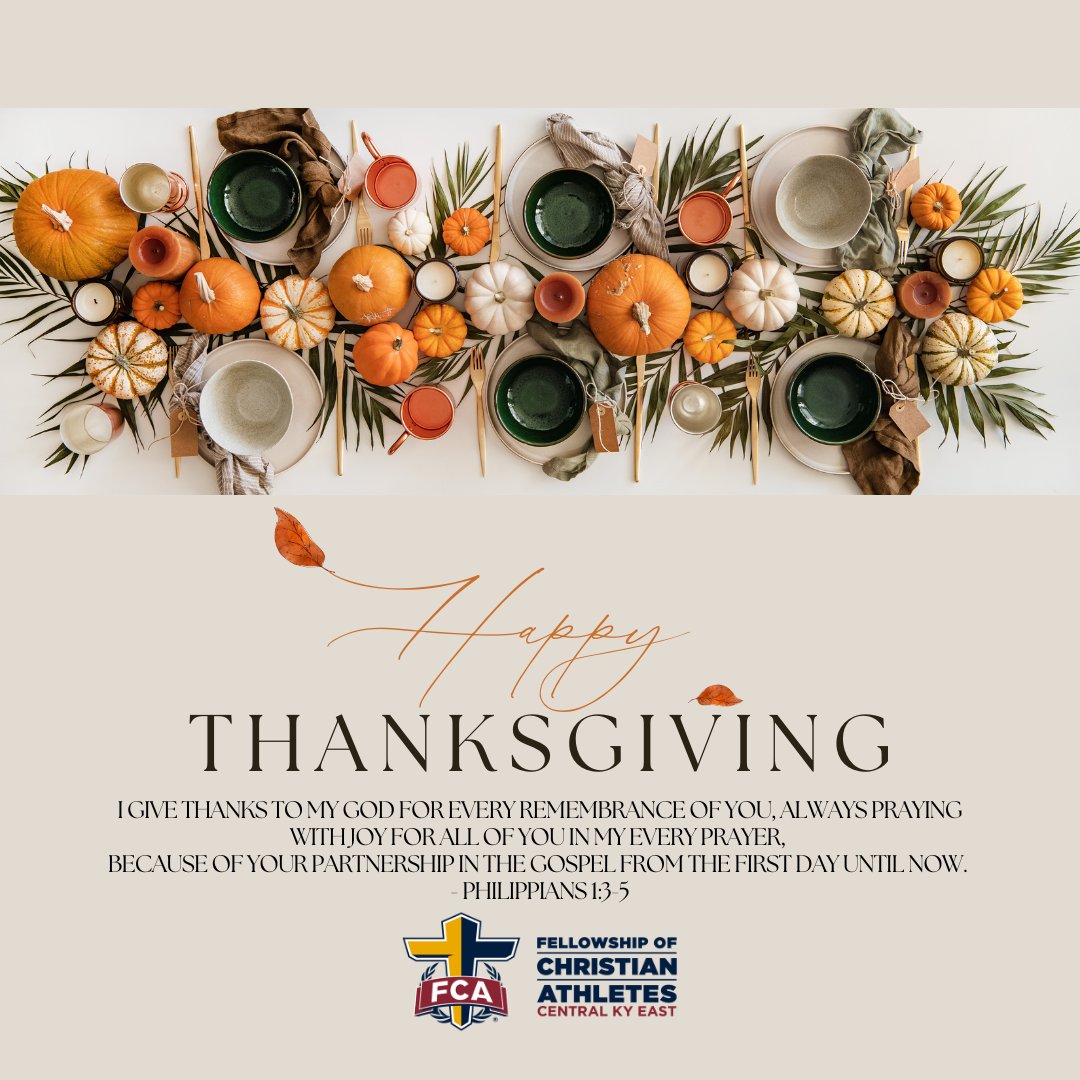 🦃🍁 Happy Thanksgiving!
Today we pause to give thanks for God’s goodness, faithfulness, and the gift of community. May your homes be filled with peace, joy, and gratitude. We’re thankful for you!
#ckyeastfca #fca #fcaglory