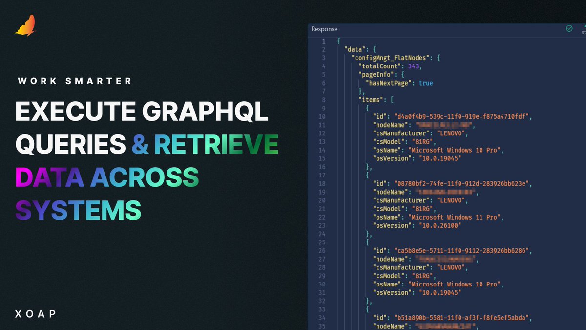 xoap_io's tweet image. XOAP’s #GraphQL API makes interacting with your entire environment much more efficient. Run real-time queries and surface data from installed apps to device inventories: xoap.io/docs/what-you-…

REST is also supported via Swagger UI with OAuth2 and tenant-based access.
