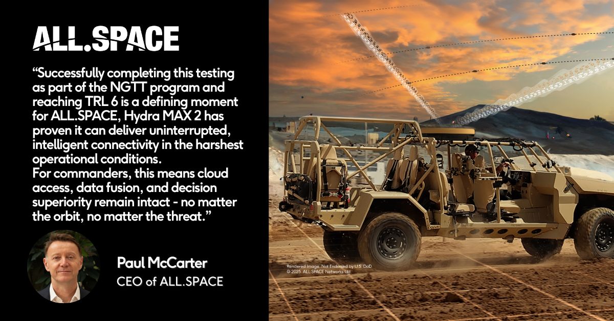 allspaceltd's tweet image. The @USArmy validated Hydra MAX as achieving TRL 6 after successful multi-orbit on-the-move testing at Aberdeen Proving Ground. Proven, rugged, and ready for operational deployment.

@Via_Satellite for the story: satellitetoday.pulse.ly/jkxpqcfvol

@Telesat  @viasat  #DefenseTech #SpaceTech