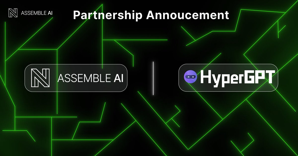 Assemble_io's tweet image. Assemble AI  🤝 HyperGPT

Assemble AI is pleased to announce a strategic partnership with @hypergpt ($HGPT), an AI &amp;amp; Web3 infrastructure ecosystem focused on delivering accessible, user-centric AI products at scale. 🤖✨

About HyperGPT
HyperGPT combines AI and blockchain to…
