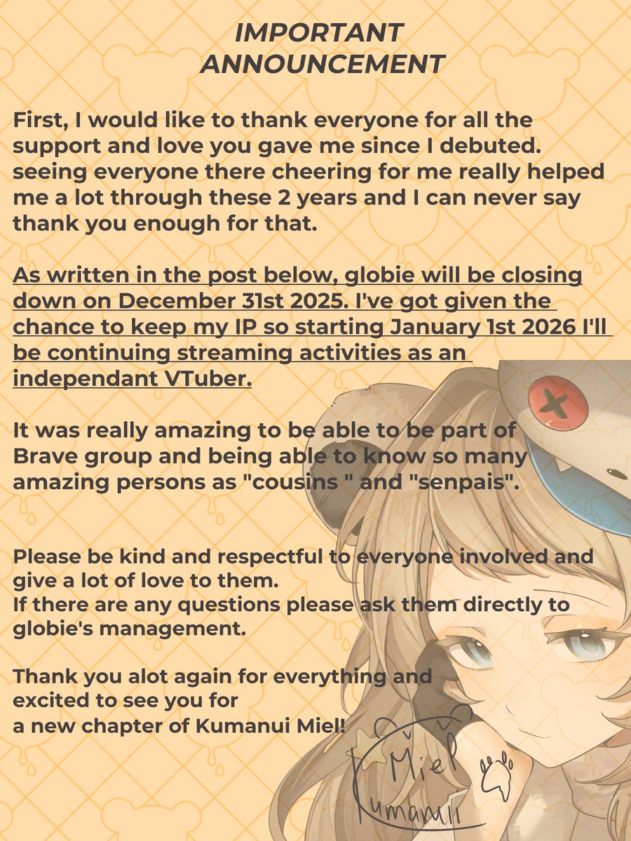 KumanuiMiel's tweet image. [IMPORTANT ANNOUNCEMENT]【重要なお知らせ】

there will be a stream later to talk about this and future 
後ほど今後のこととこちらのお知らせについて話す配信をさせていただきます