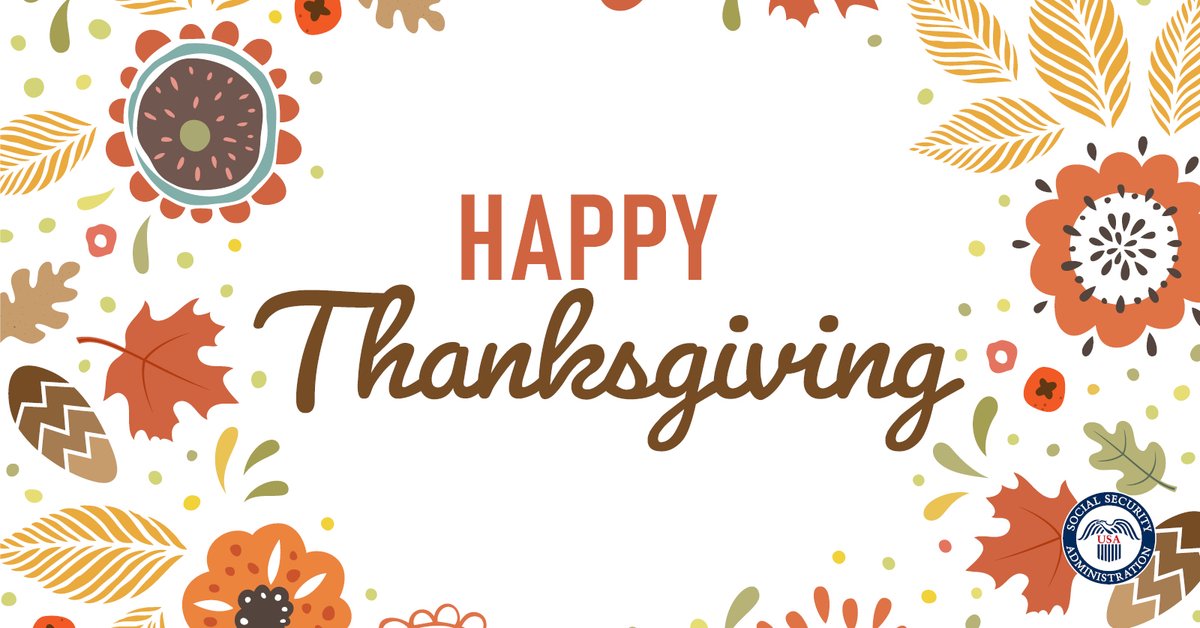 SocialSecurity's tweet image. Happy Thanksgiving! Our offices are closed today and tomorrow. You can conduct your business online with a personal my Social Security account. Visit ssa.gov/myaccount today.