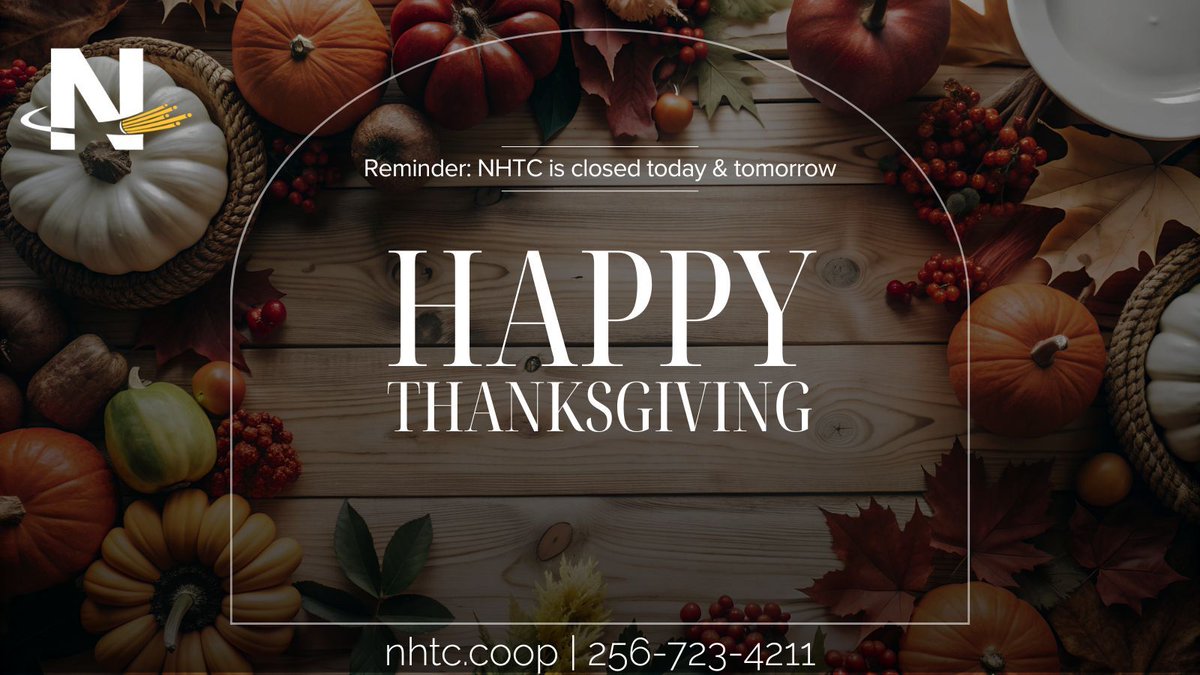 NHTCoop's tweet image. 🦃Happy Thanksgiving from NHTC!  Today, and every day, we are thankful for our wonderful customers &amp;amp; community. 🍂

Our office is closed today and tomorrow. Normal business hours will resume Dec. 1.

#NHTCFiber #NewHopeAL #GrantAL #OwensCrossRoadsAL #HamptonCoveAL #GurleyAL
